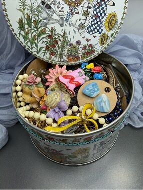 Mixed Vintage Costume Jewelry Tin - Colorful Beads, Enamel & Floral Brooches